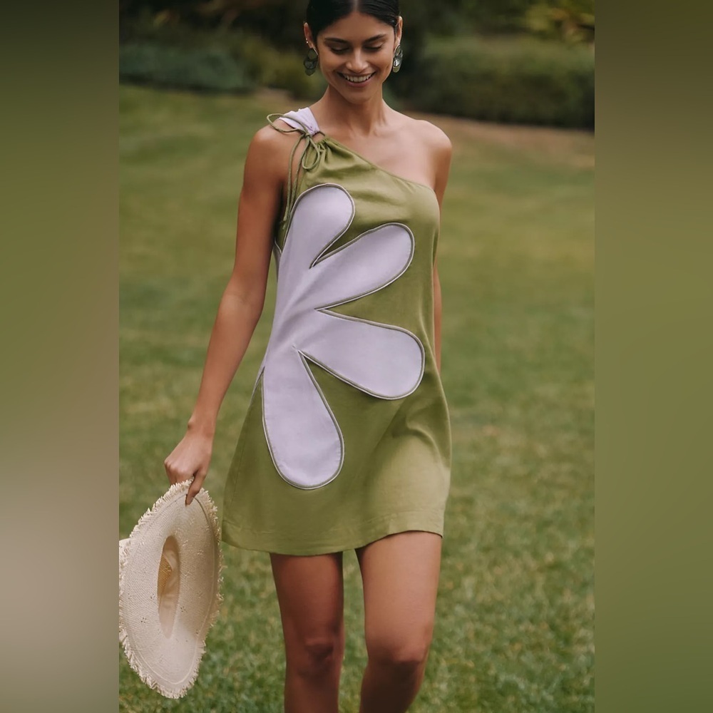 NWT Size S - Farm Rio x Anthropologie One-Shoulder Linen Flower Mini Dress